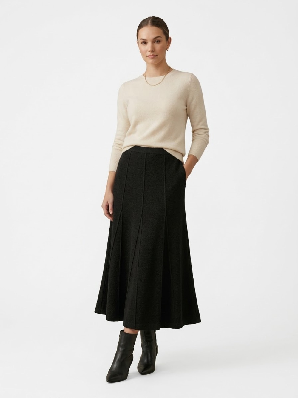 Eileen Fisher 100% Wool Knit Boucle Paneled A-Line Maxi Skirt Black Size L